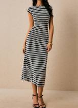 Fashion Striped Knit Sleeveless Slim Fit Midi Dress