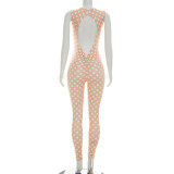 Square Neck Button-Down Backless Polka Dot Sleeveless Stretch Cropped Jumpsuit