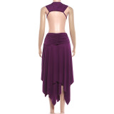 Fashionable Solid-Color Sexy Sleeveless Low-Cut V-Neck Backless Dress