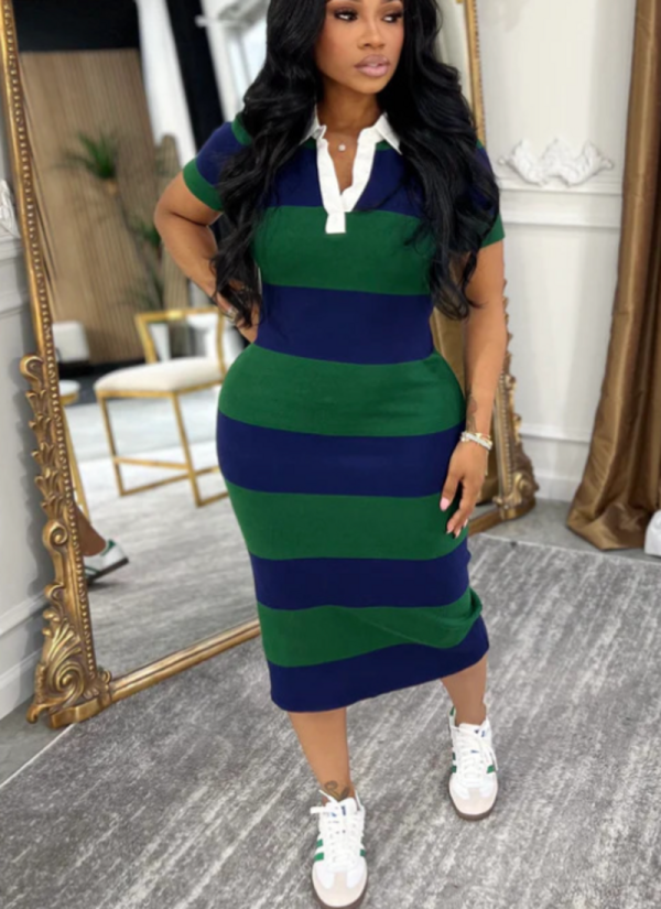 Fashionable Polo Collar Color Block Slim Fit Sexy Midi Dress