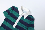 Fashionable Retro Striped Color-Blocked Half-Button-Down Top and Skinny Shorts Two-Piece Set