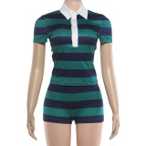 Fashionable Retro Striped Color-Blocked Half-Button-Down Top and Skinny Shorts Two-Piece Set