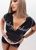 Stylish Letter-Print Hooded Crop Top and Color-Blocked Shorts Set With Turn-Up Waistband