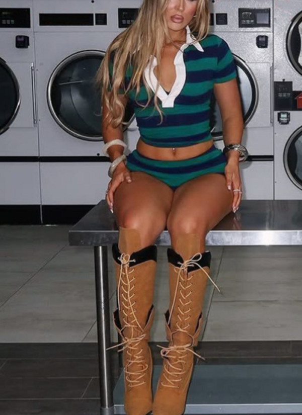 Fashionable Retro Striped Color-Blocked Half-Button-Down Top and Skinny Shorts Two-Piece Set