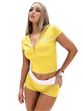 Stylish Letter-Print Hooded Crop Top and Color-Blocked Shorts Set With Turn-Up Waistband