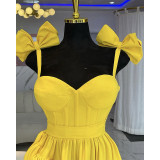 2026 New Bow-Tie Spaghetti Strap V-Neck Ruffle Dress