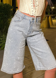 Fashionable Rhinestone and Pearl Loose Straight Leg Jeans