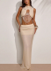 Sexy Semi-High-Neck Lace-Up Pearl-Embellished Backless Top and Fitted Skirt Set