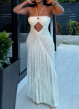 Sexy Cutout Bikini-Style Waist-Tied Drawstring Fringe Knit Beach Dress