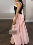 New Arrival Fashionable Off-the-Shoulder Color-Blocked Low-Waist Pleated Maxi Dress