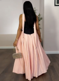 New Arrival Fashionable Off-the-Shoulder Color-Blocked Low-Waist Pleated Maxi Dress