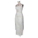 Sexy Cutout Bikini-Style Waist-Tied Drawstring Fringe Knit Beach Dress