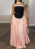 New Arrival Fashionable Off-the-Shoulder Color-Blocked Low-Waist Pleated Maxi Dress