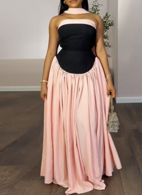 New Arrival Fashionable Off-the-Shoulder Color-Blocked Low-Waist Pleated Maxi Dress