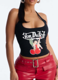 2026 Solid-Color Letter Print Tie-Back Halter Top