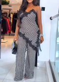 New Sweet Checkered Lace Tank Top and Straight-Leg Pants Two-Piece Set
