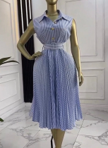 2026 Fashion Striped Collared Sleeveless Tie-Waist Pleated Dress