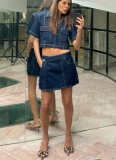 Summer V-neck Short-Sleeve Top and Workwear Denim Skirt Set