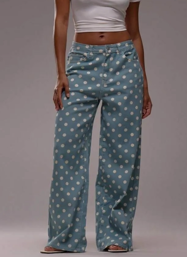 2026 Casual Loose-Fit Mid-Rise Non-Stretch Polka-Dot Denim Trousers