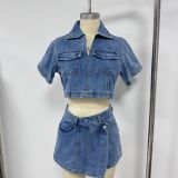 Summer V-neck Short-Sleeve Top and Workwear Denim Skirt Set