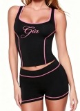 Fashionable Printed Slim-Fit Square-Neck Tank Top and Shorts Set