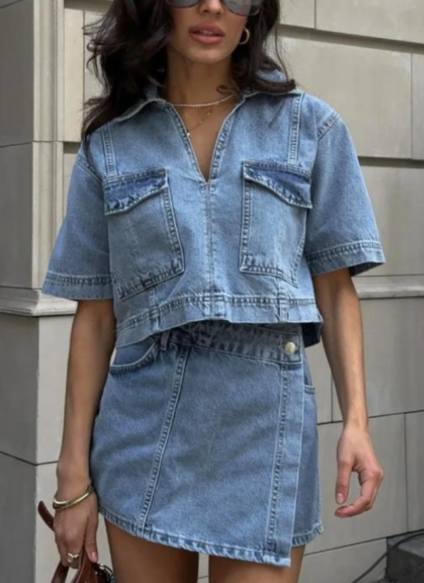 Summer V-neck Short-Sleeve Top and Workwear Denim Skirt Set
