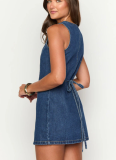 Stylish Retro Denim Dress With Button Placket and Back Waist Tie
