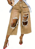 Distressed & Faded American Retro Style Red Ombré Ripped Raw-Hem Wide-Leg Cropped Pants