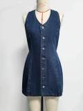 Stylish Retro Denim Dress With Button Placket and Back Waist Tie