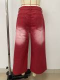 Distressed & Faded American Retro Style Red Ombré Ripped Raw-Hem Wide-Leg Cropped Pants