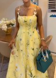 New Printed Strappy Waist-Cinching Dress With Button Details and Slit