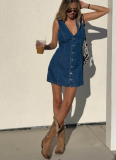 Stylish Retro Denim Dress With Button Placket and Back Waist Tie