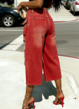 Distressed & Faded American Retro Style Red Ombré Ripped Raw-Hem Wide-Leg Cropped Pants