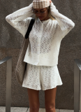 Stylish Openwork Crochet Knit V-Neck Cardigan & Shorts Set