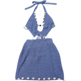 2026 New Sexy Knitted Beaded Slim Fit Bodycon Halter Neck Tie Hollow Out Dress