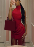 2026 Sexy Solid Color Tassel Halter Neck Backless Vacation Style Dress