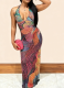 Sexy Colorful Sequin Halter Neck Deep V Slim Fit Long Dress With Slit