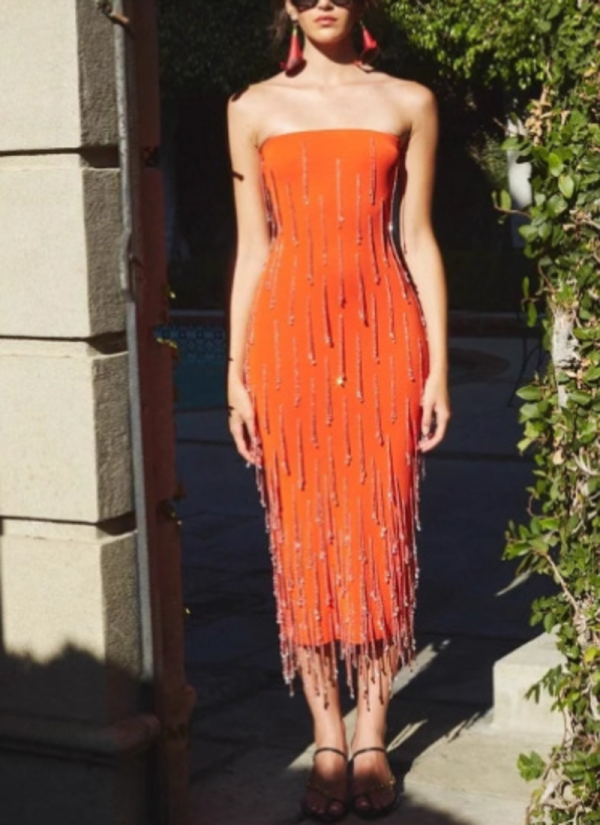 Fashionable Tube Beaded Pendant Strapless Backless Bandage Midi Dress