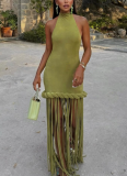 2026 New Fashionable Tassel Design Halter Neck Sexy Backless Solid Color Dress