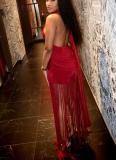 2026 Sexy Solid Color Tassel Halter Neck Backless Vacation Style Dress