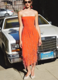 Fashionable Tube Beaded Pendant Strapless Backless Bandage Midi Dress