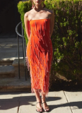 Fashionable Tube Beaded Pendant Strapless Backless Bandage Midi Dress