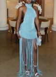 2026 Sexy Solid Color Tassel Halter Neck Backless Vacation Style Dress