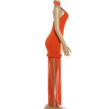 2026 New Fashionable Tassel Design Halter Neck Sexy Backless Solid Color Dress