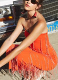 Fashionable Tube Beaded Pendant Strapless Backless Bandage Midi Dress