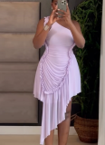 Stylish One-Shoulder Ruffled Asymmetrical Solid-Color Dress