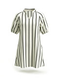 Stylish V-Neck Striped A-Line Dress With Puff Sleeves — Loose-Fitting and Slimming
