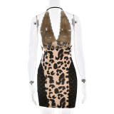 Sexy Leopard Print Deep V-Neck Lace-Paneled Sheer Dress