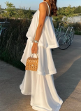 New Satin Strappy Tiered Loose-Fit Vacation Dress