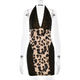 Sexy Leopard Print Deep V-Neck Lace-Paneled Sheer Dress